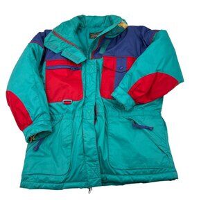 Vintage Eddie Bauer Women's Med Petite Goose Down Teal Colorblock Puffer Coat
